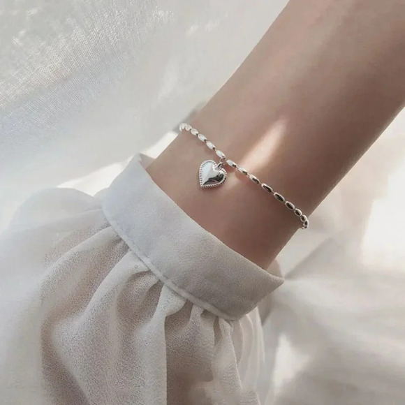 925 Sterling Silver Dainty Beaded Heart Bracelet - Picture 2 of 9